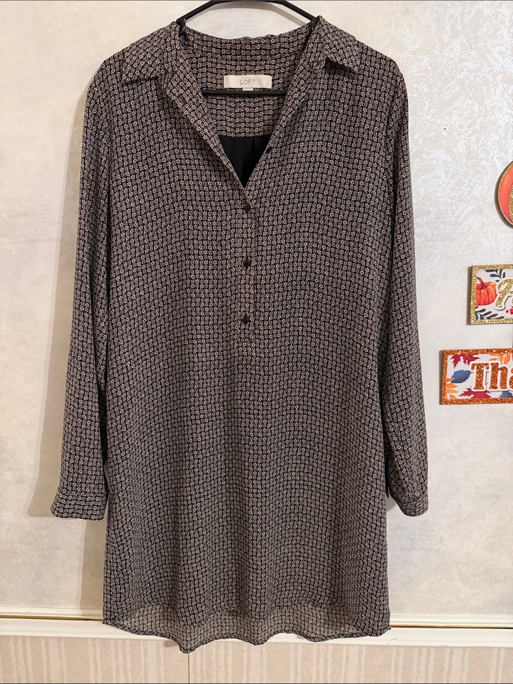 LOFT Black & Tan Geometric Long-Sleeve Shirt Dress